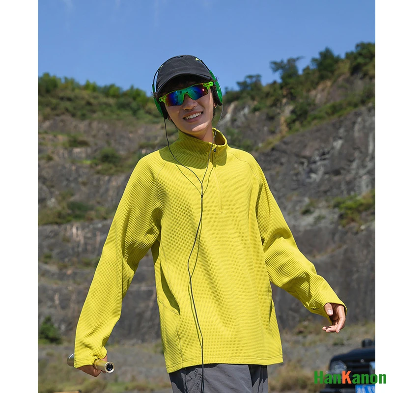Outdoor Waffle Half-Zip Moisture-Wicking Quick-Drying Sport Long-Sleeve T-shirt for Men & Women Outdoor Camping, Hiking, Cycling