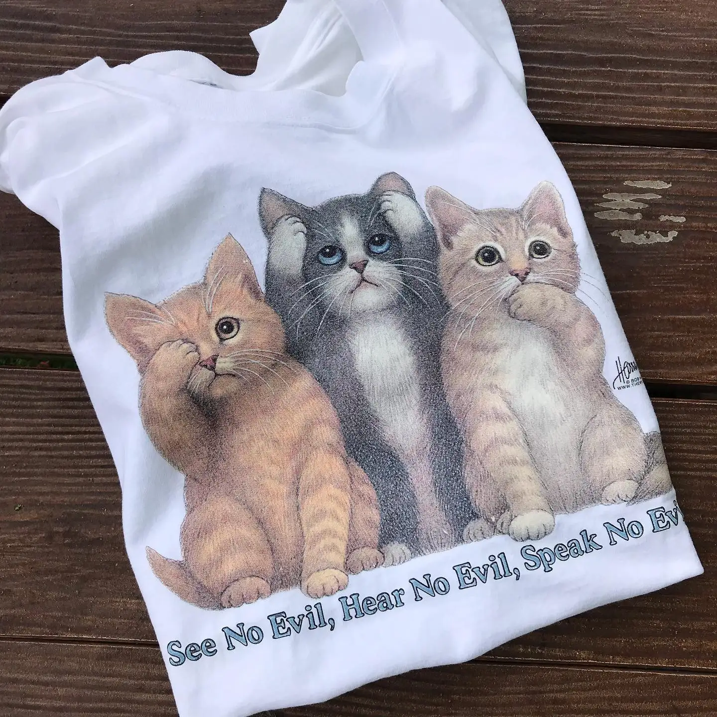 Wang Studio Retro Fun Philosophical Three Cats Humanized Humorous Healing Pet Half Sleeve T-Shirt Unisex Cotton Standard Fit