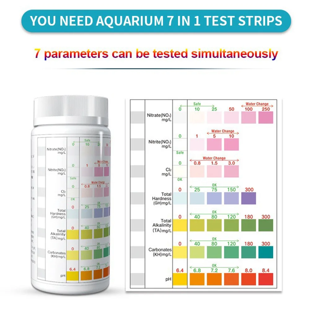 Strisce reattive per acquari da 100 pezzi Kit di Test per acquario 7 In1 per nitrato nitrito PH cloro durezza alcalinità totale carbonato