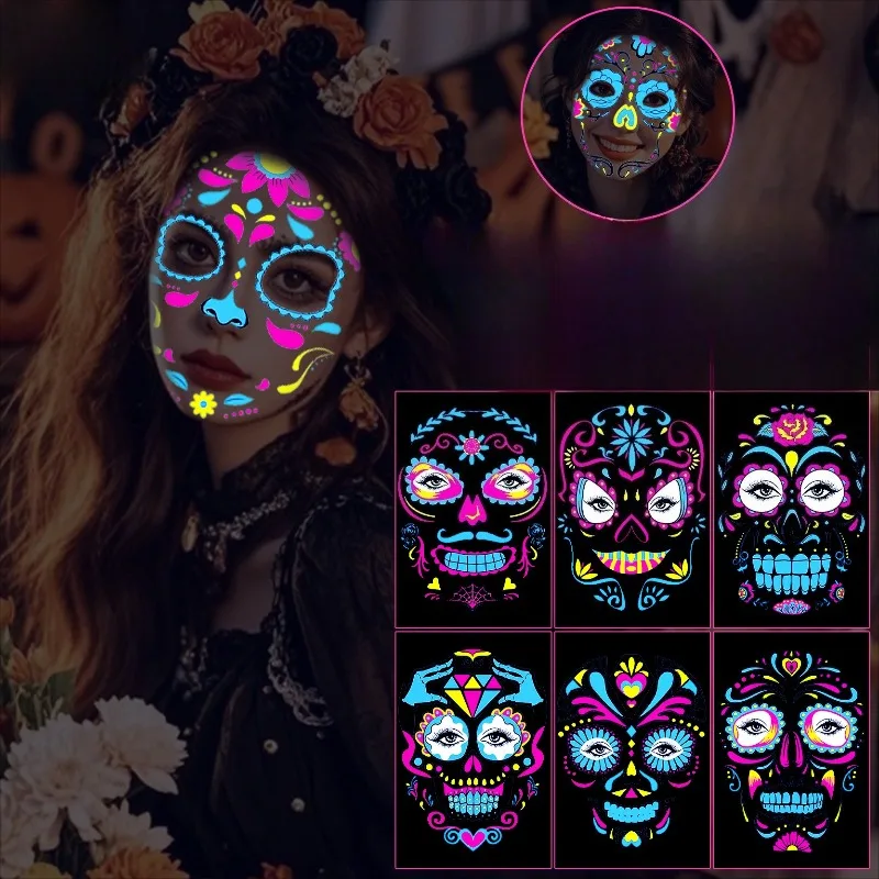 

Хэллоуин флуоресцентные татуировки для лица временные наклейки для лица для Хэллоуина музыкальный концерт вечерние ночной клуб макияж татуировки водостойкие