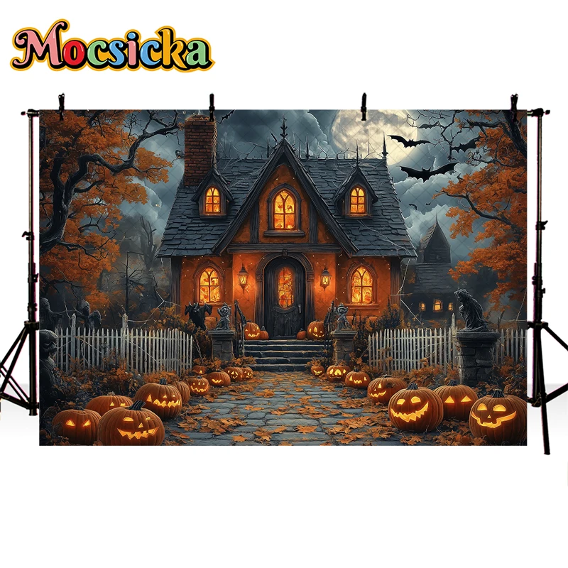 Mocsicka Halloween Cottage Backdrop Photography Fall Porch Pumpkin Decor Baby Shower Kids Portraits Photo Background Studio