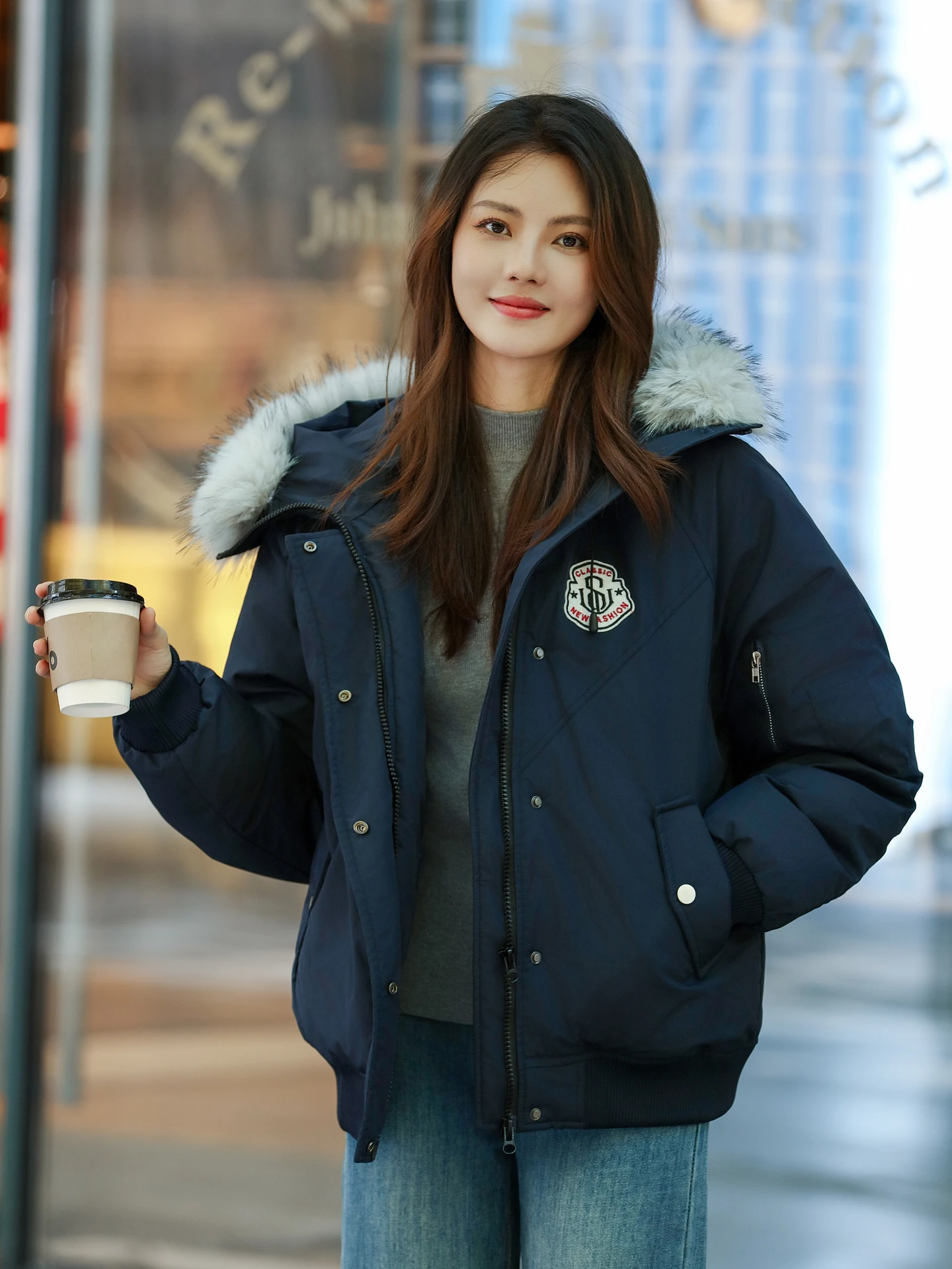 Loose Fit Thiened Blue down Jaet Women's Korean Sle Winter Coat with Large Fur Collar Warm Cotton Quilted Outerwear