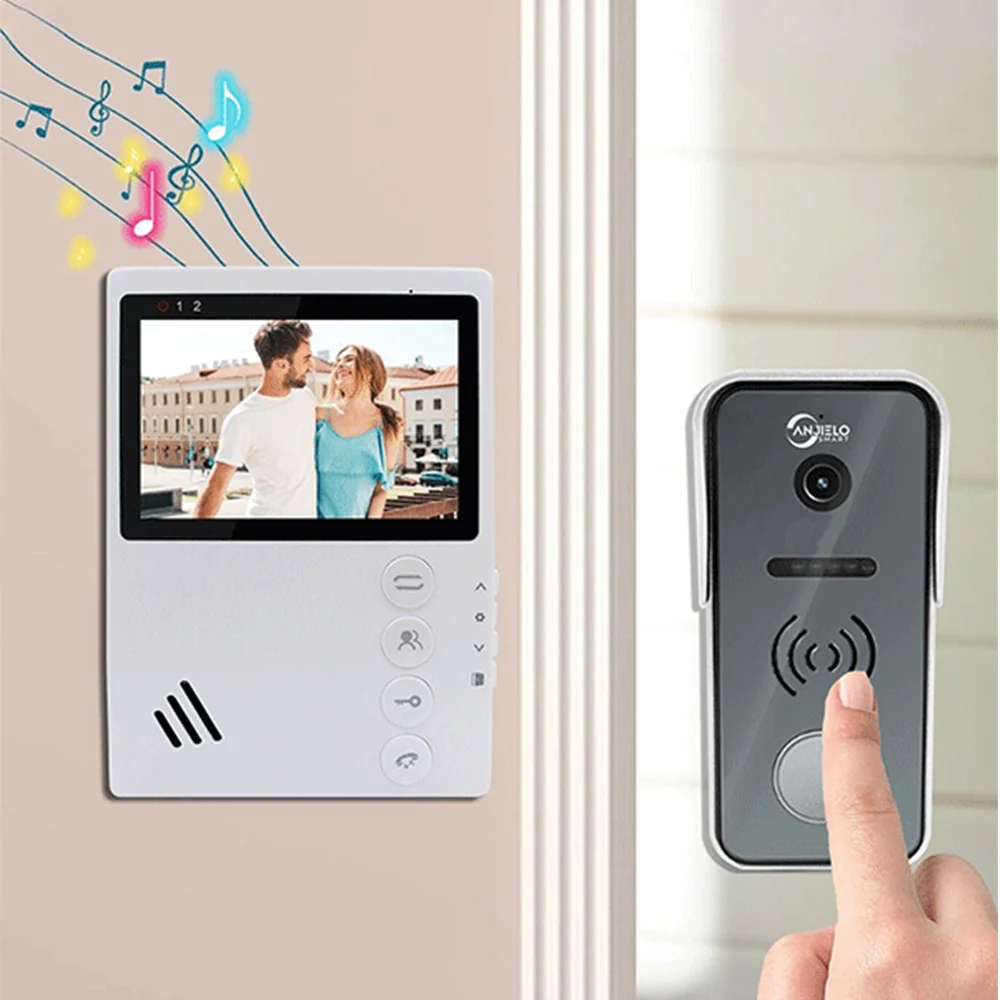 Anjielo sistema de campainha de vídeo de 4 fios de 4,3 polegadas com desbloqueio de cartão magnético e câmera AHD visão noturna e lente grande angular