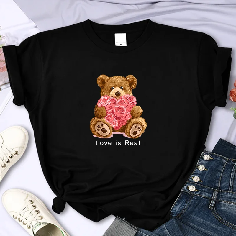 Cute Bear For Women's Luxury Brand High-Quality Summer Print T-shirt 100% Cotton Casual Oversized Y2k Personality Sleeve O-neck