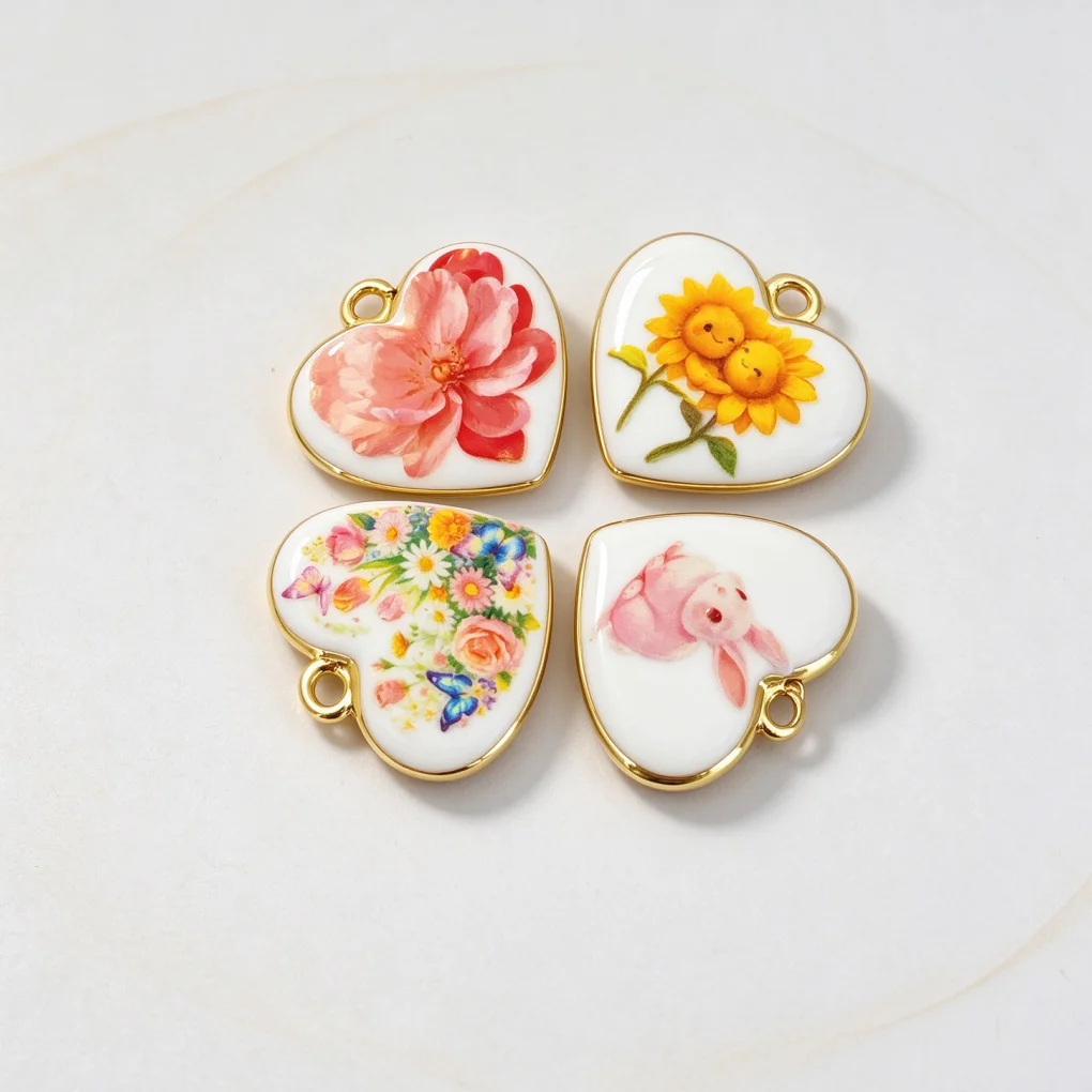 3 Pcs Pendants Brass Enamel Heart Charms Cute Rabbit Sunflower Floral Print DIY Jewelry for Necklace Bracelet Making Accessories