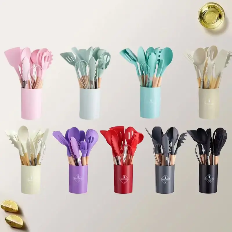 12 Pieces Silicone Cooking Utensils Set Non-stick Cookware Spatula Shovel Egg Kitchenware Beaters Wooden Handle Kitchen Tool