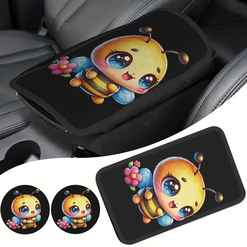 1Pc Car Armrest Cover + 2Pcs Cup Coasters, Cute Cartoon Bee Print, Car Interior Decor Set