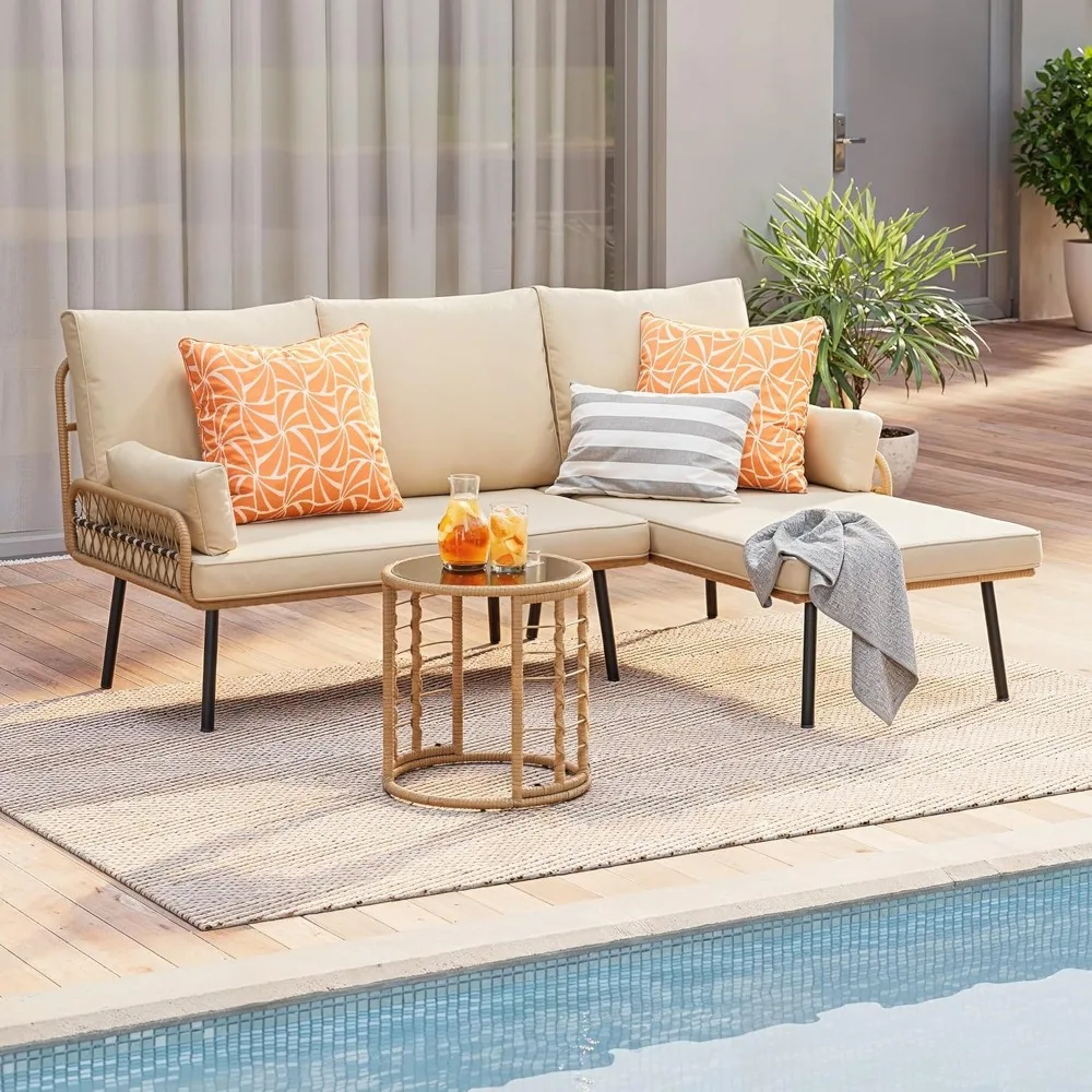 

3 Piece Outdoor Patio Furniture Set PE Rattan L-Shaped Living Room Sofa Set with Thick Cushion Removable Lounge Chair Side Table