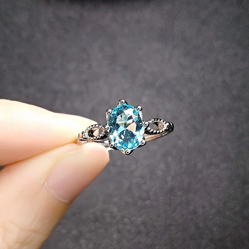 Elegant temperament cross-border imitation aquamarine ring plated white gold blue crystal diamond ring