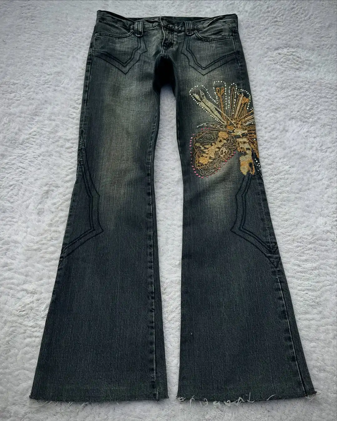 

Tribal Creative Animal Pattern Embroidery Rhinestone Leather Embellishment Decoration Micro-flat Jeans Men Slimming Street Pants