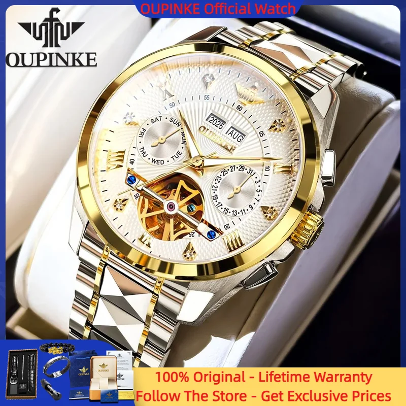 

OUPINKE 3270 Men Watch Brand Original Mechanical Movement Men Automatic Watch Sapphire Calendar Week Waterproof Hollow Men Watch