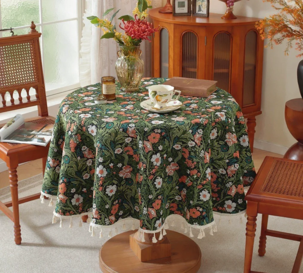 French Country Floral Jacquard Tablecloth, Tassel Edge Washable Table Cover for Round Tables, Living Room Dining Party Decor