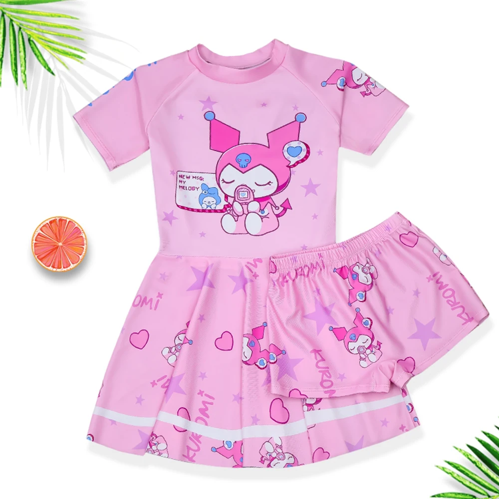 

Kuromi Girl's Swimsuit Sanrios Anime Kawaii Professional Training Split Type Quick-Drying Skirt Sunscreen Swimwear Beach Clothes