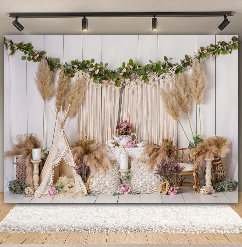 Bohemian Poise Photography Backdrop Boho White Tent Tassels Spring Flowers Baby Showr Birthday Party Cake Smash Decor Background
