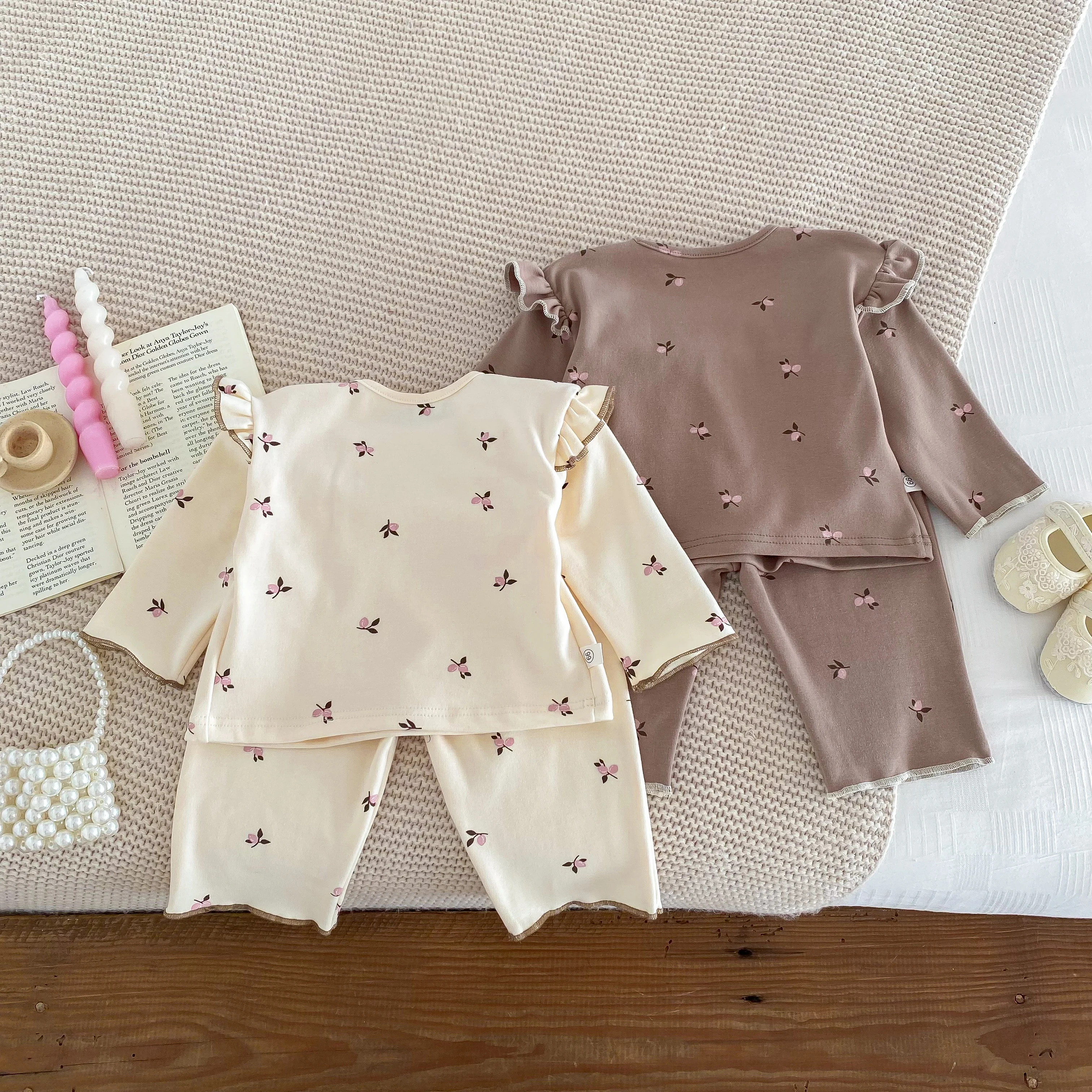 IG Fashion Newborn Clothes Baby Pajamas Boy Girl Cherry Print Long Sleeves Shirt + Pants Sleepwear Two Piece Set 0-2yrs