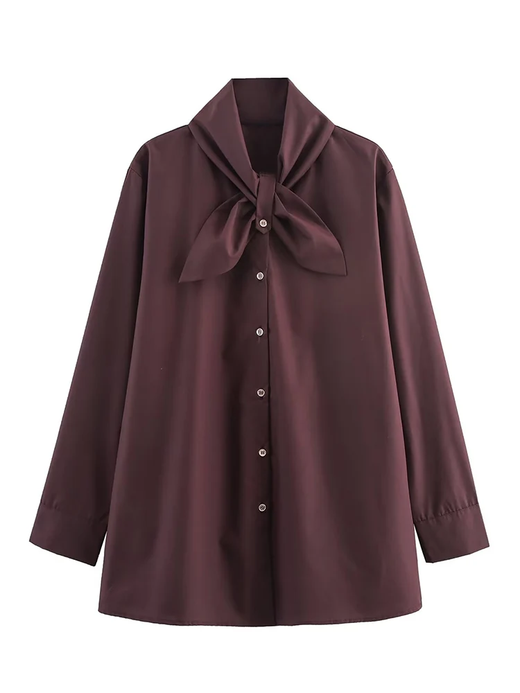 

Новая женская мода в европейском стиле, универсальная однотонная свободная рубашка с длинными рукавами и украшением в виде банта