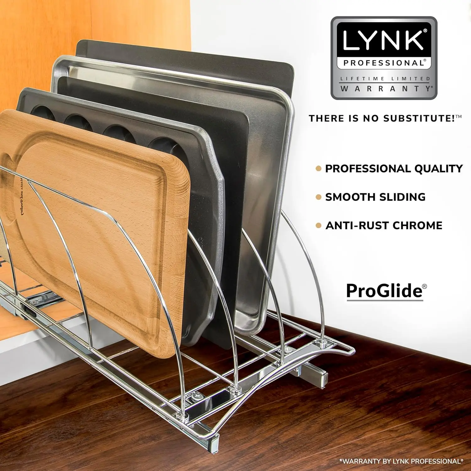 

Pull Out Cutting Board, Cookie Sheet, and Baking Pan Organizer Rack - Lifetime Ltd. Warranty