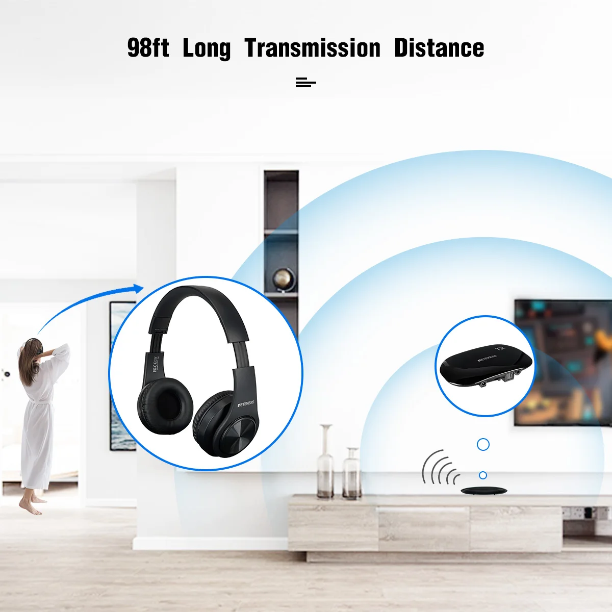 Retekess TA005 Wireless Headset Foldable Stereo TV Headphone Signal 30m Range Mute Key 2 Channel Switch Rechargable For TV Game