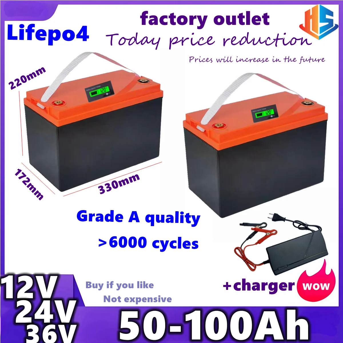 

HS 12V 100AH 120Ah 150Ah 24V 36V 40Ah 50AH 60Ah 80Ah lifepo4 lithium battery deep cycle batteries BMS with charger waterproof