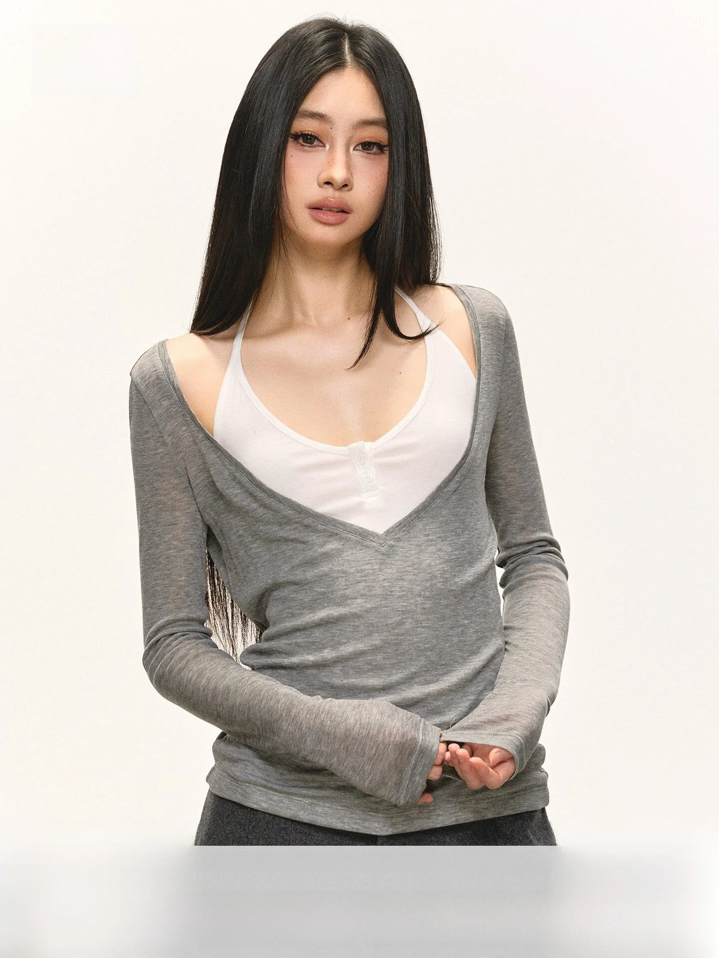 

Anna Aneae Silk Wool Neck Hanging False Two-Piece Women's Long Sleeve Slim Fit T-Shirt Casual Style Spring Fashion Trend