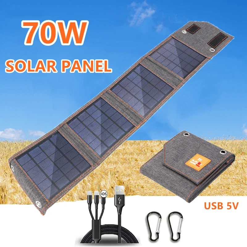 70W Folding Solar Panel USB 5V Waterproof Solar Charger Portable Mobile Solar Power Bank for Outdoor Camping Hiking with Cable