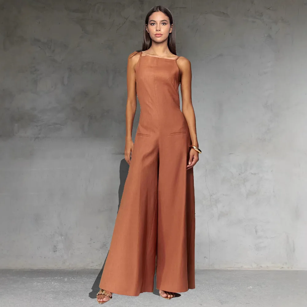 

Summer Spaghetti Strap Jumpsuits Women Solid Color Simple Backless Wide Legs Jumpsuit Fashion Casual Vacation Style Clothing