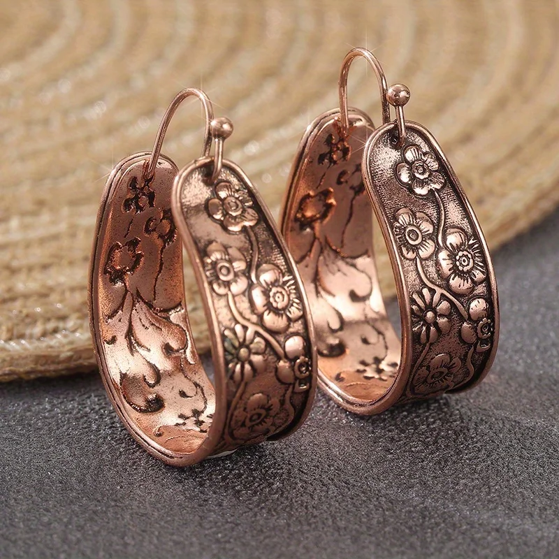Vintage Trendy Carved Flower Geometric Pendant Earrings, Women's Bohemian Ethnic Style Holiday Accessories Gifts