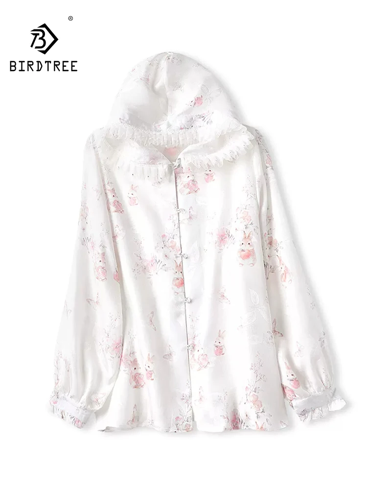 

BirdTree-80%Silk Elegant Hooded Coat, Cute Rabbit Lace Beading, Women Casual Loose Sun Protection Clothing, 2026 Summer C65331CC
