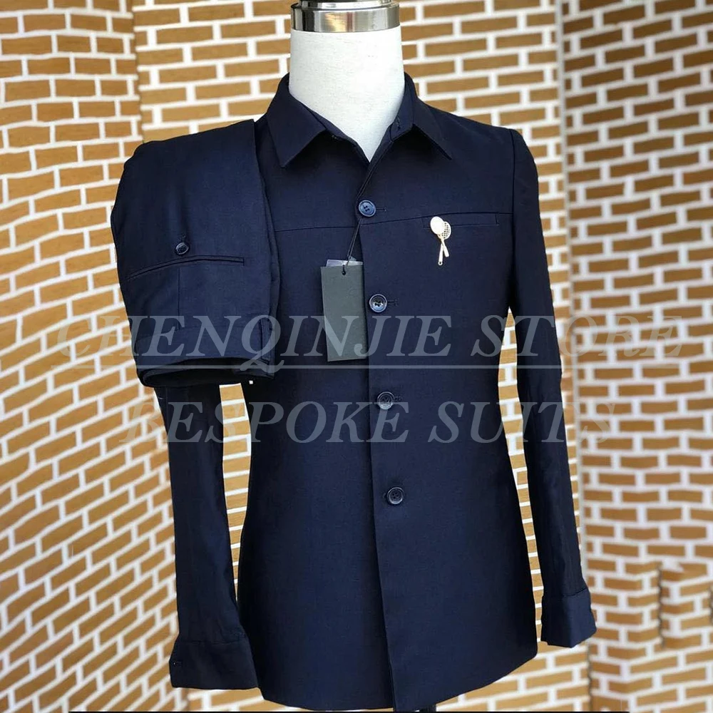 

Navy Blue Men's Suits Single Breasted Stand Lapel Slim Fit 2 Piece Jacket Pants Full Sets High Quality Male Clothing Costume