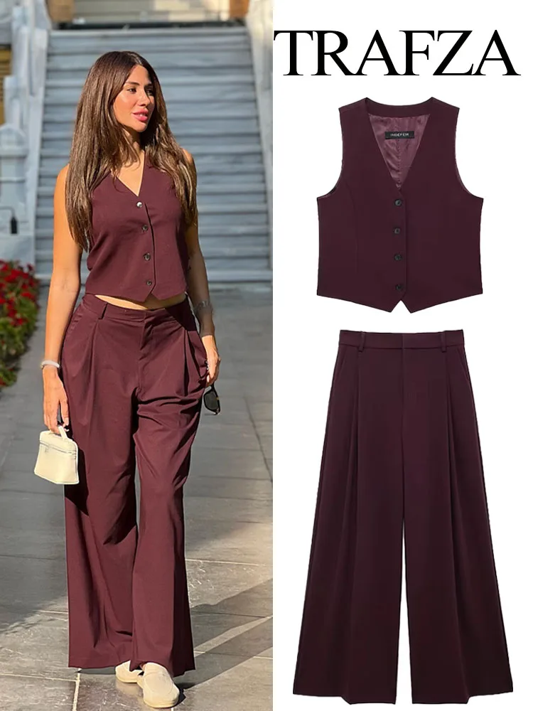 TRAFZA Female Set Wine Red V-Neck Sleeveless Buttons Single Breasted Tops+High Waist Zipper Wide Leg Pants Women Fashion Suits