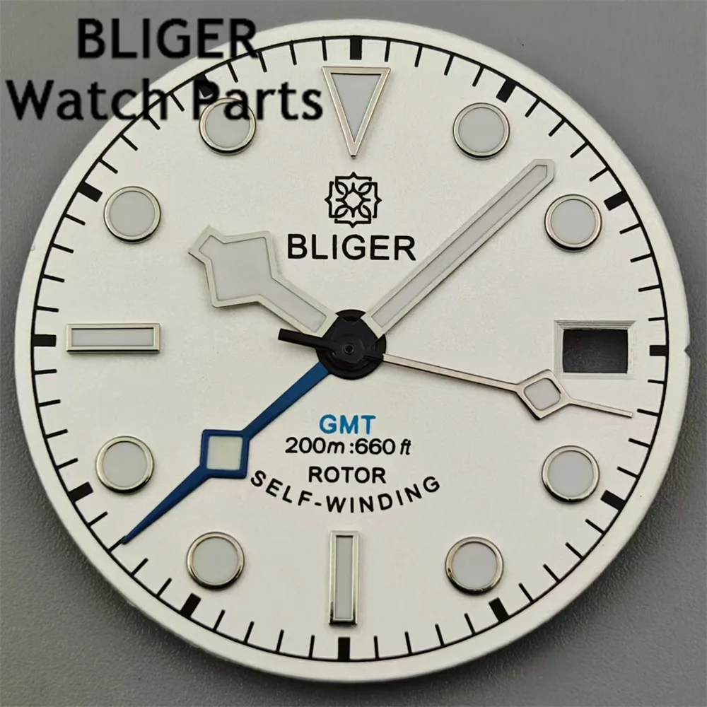 BLIGER 29mm quadrante bianco bordo argento segni temporali verde blu rosso arancione marchio GMT con set di lancette verde luminoso adatto al movimento NH34