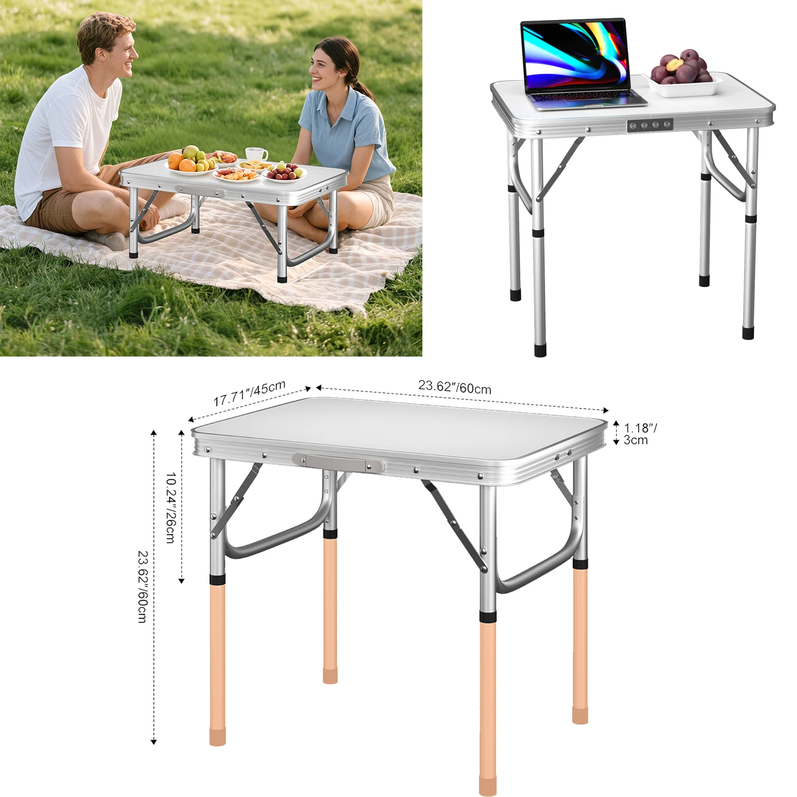 Klappbarer Mini-Campingtisch, tragbarer, leichter Aluminiumrahmen mit Tragegriff und höhenverstellbar, für Picknick im Freien, Balkon