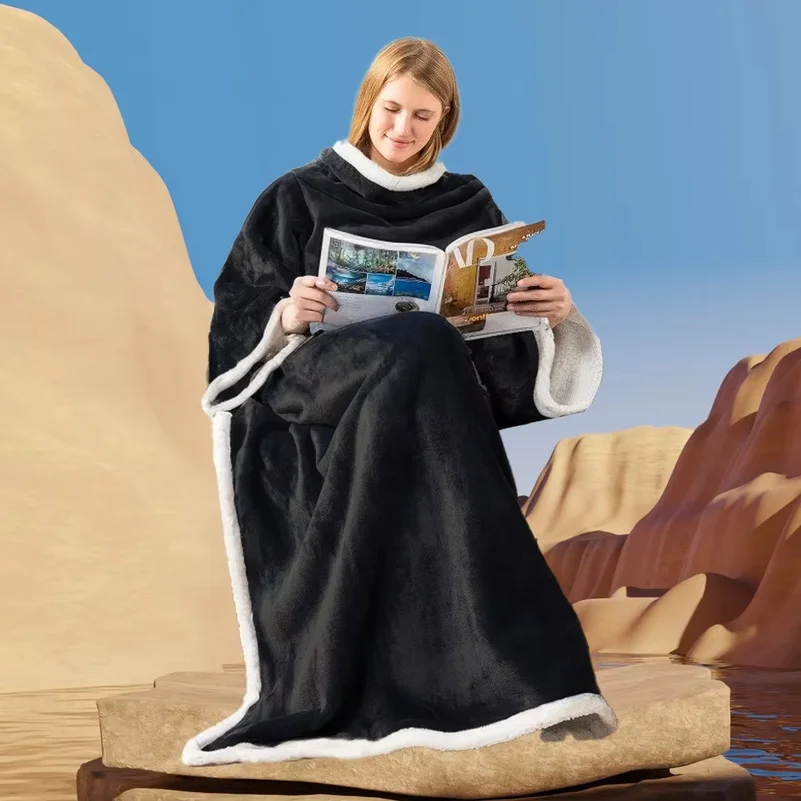 1Pc Wearable Sleeved Blanket with Pockets, Thick Warm Large Wrap Blanket, Cozy Home Lounge Wear Blanket for Sofa Reading Watchin