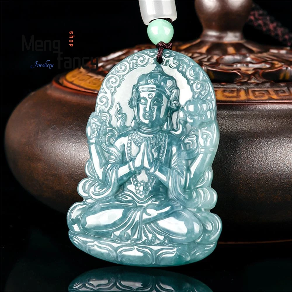 Natural A-goods Jadeite Blue Water Four-armed Goddess of Mercy Ice Jade Pendant High-grade Fashion Luxury Jewelry Holiday Gifts