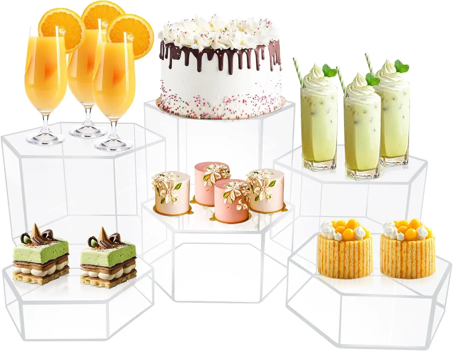 

6-Piece Acrylic Display Box Set, Hexagonal Riser Stands for Desserts and Jewelry Showcase