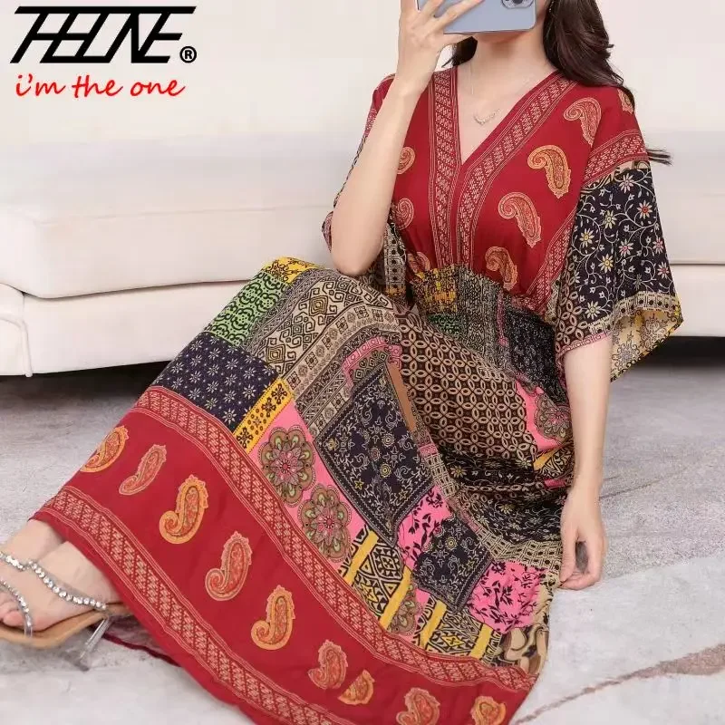 Vestidos Para Mujer Rope Robe Dress Women Casual Elegant Retro Bohemian V Neck Boho Korean Printed Summer Long Dresses Clothes