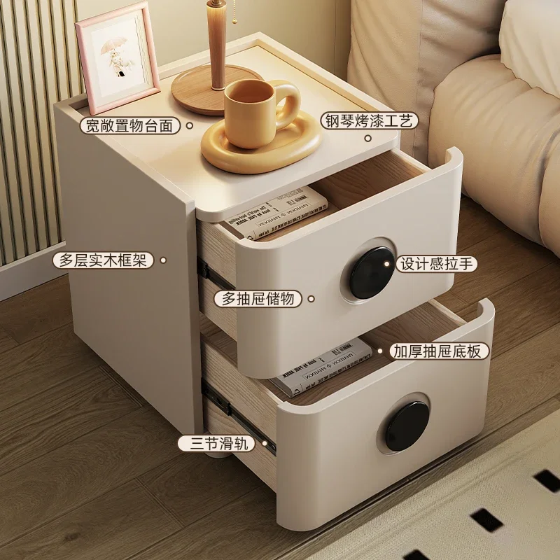 Cream Style Solid Wood Paint Bedside Table Light Luxury Simple Modern High-end Bedroom Small Ultra-narrow Mini Storage Cabinet