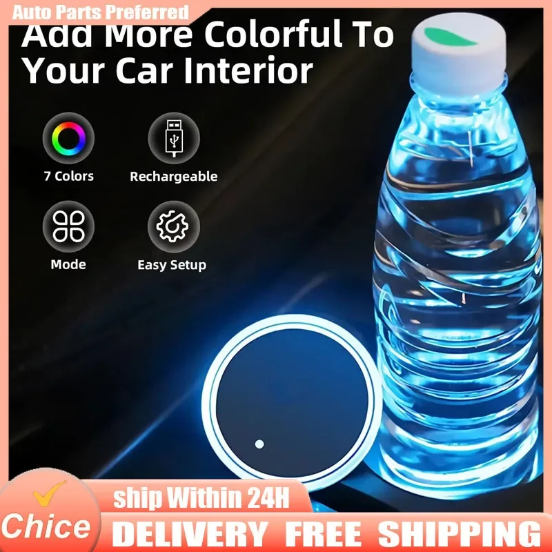 NEW 1/2pcs LED Car Cup Holder Lights, 3 Modes 7 Colors Charging Coaster Cup Pad, LED Interior Atmosphere Car Lamp Decoration In