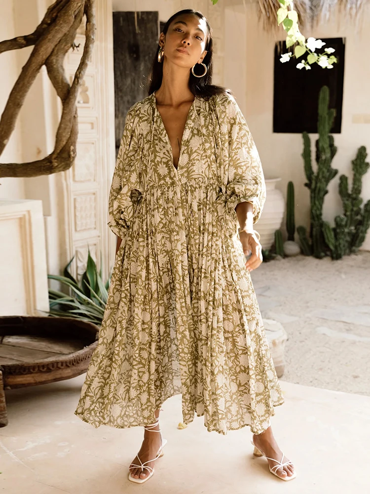 Fashion Flower Printed Lantern Sleeve Lace-up V-neck Floral Dresses For Women 2024 Summer Causal Beachwear Maxi Dresses A2787