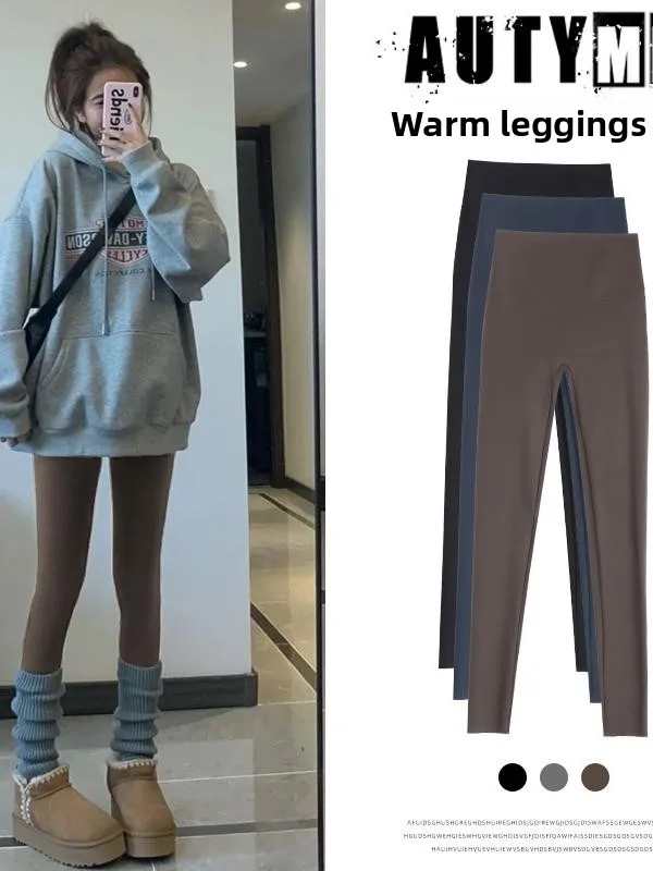 

High Waist Thiened Fce Yoga Fitn Pants Women's Outerwear Autumn Winter Warm Base Layer Pants Butto Lifting