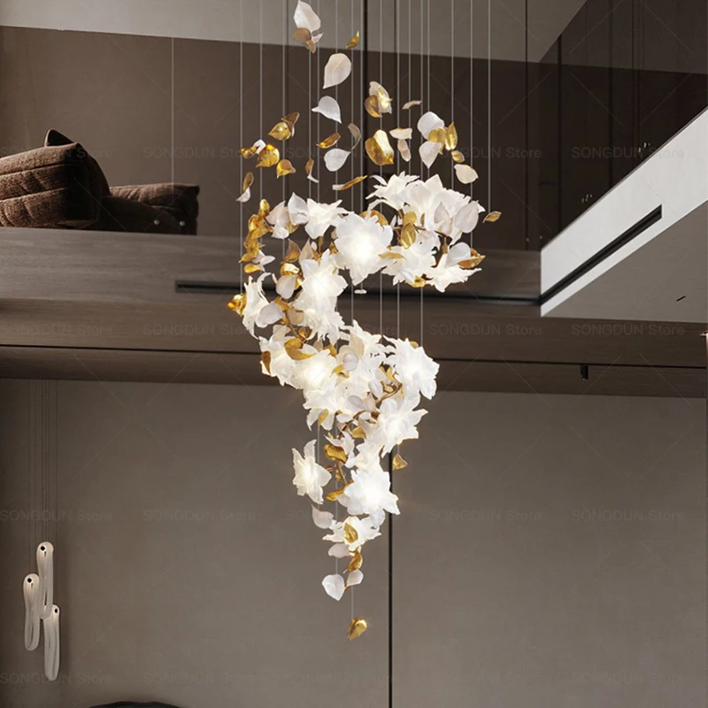 Luxury Flower Chandelier All copper Ceramic Ginkgo Leaf Villa Chandelier Pick High Empty Living room  Personality Pendant Light