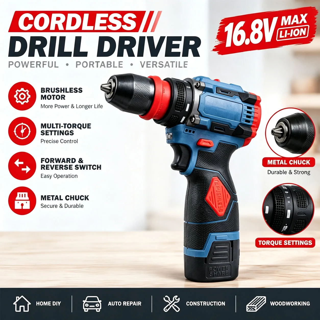 16.8V Cordless Drill Driver Rechargeable Electric Screwdriver Power Tool Kit Variable Speed DIY Home Repair Woodworking Tools