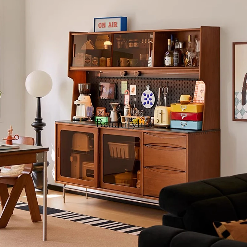 

*Retro solid wood dining side cabinet integrated against the wall antique rock slab storage cabinet glass door