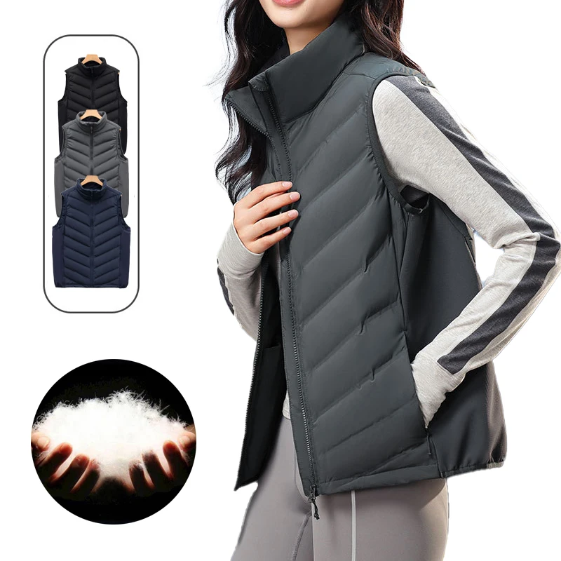 

Пуховый жилет унисекс с воротником-стойкой, теплый пуховик для мужчин и женщин, зимняя куртка без рукавов для бега и тренировок, спортивное пальто с термонаполнителем