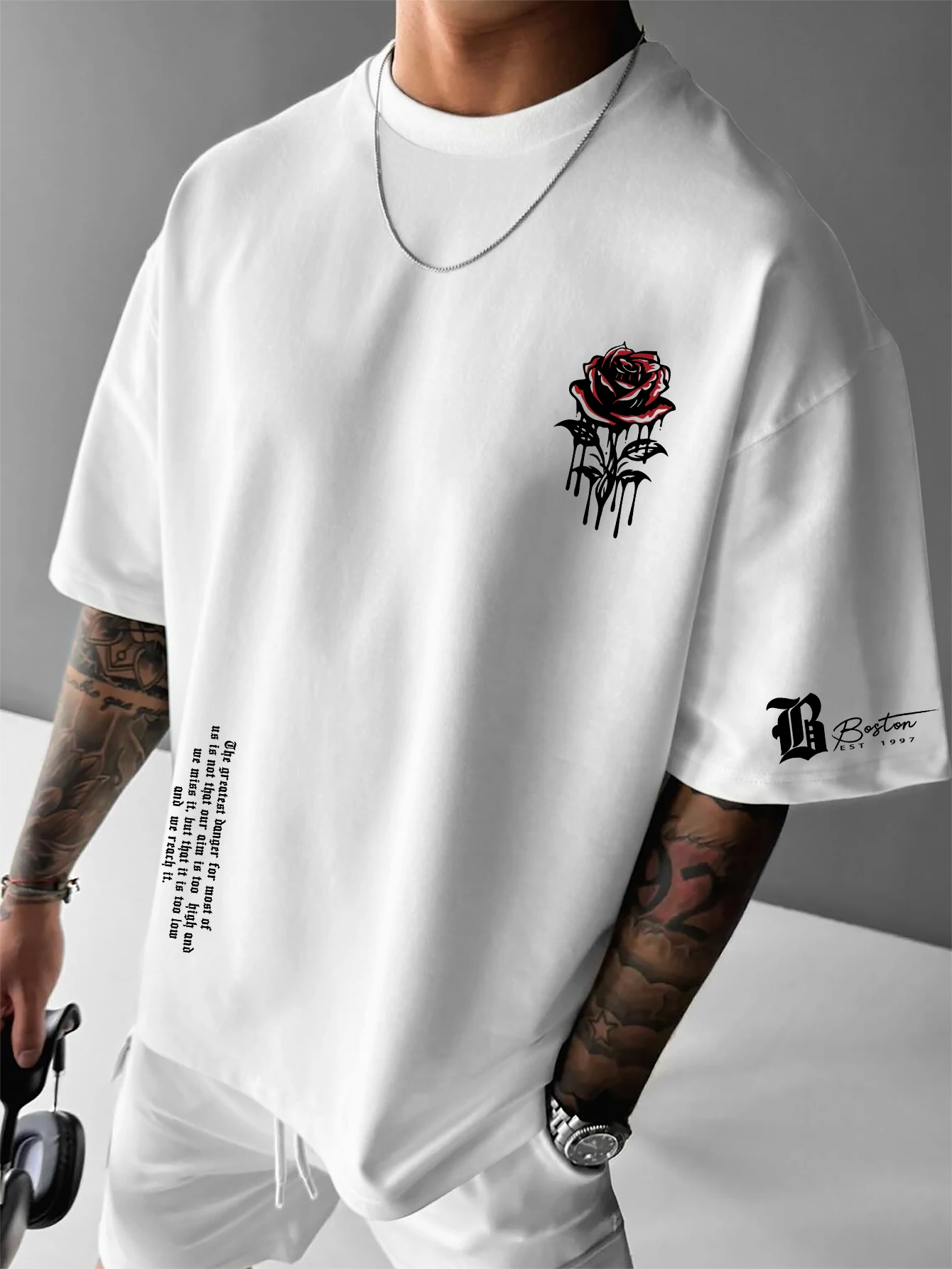 Men's Boston Gothic Rose Graphic Print T-shirt Oversized 100% Polyester American Streetwear Short Sleeve Tops S-XXL