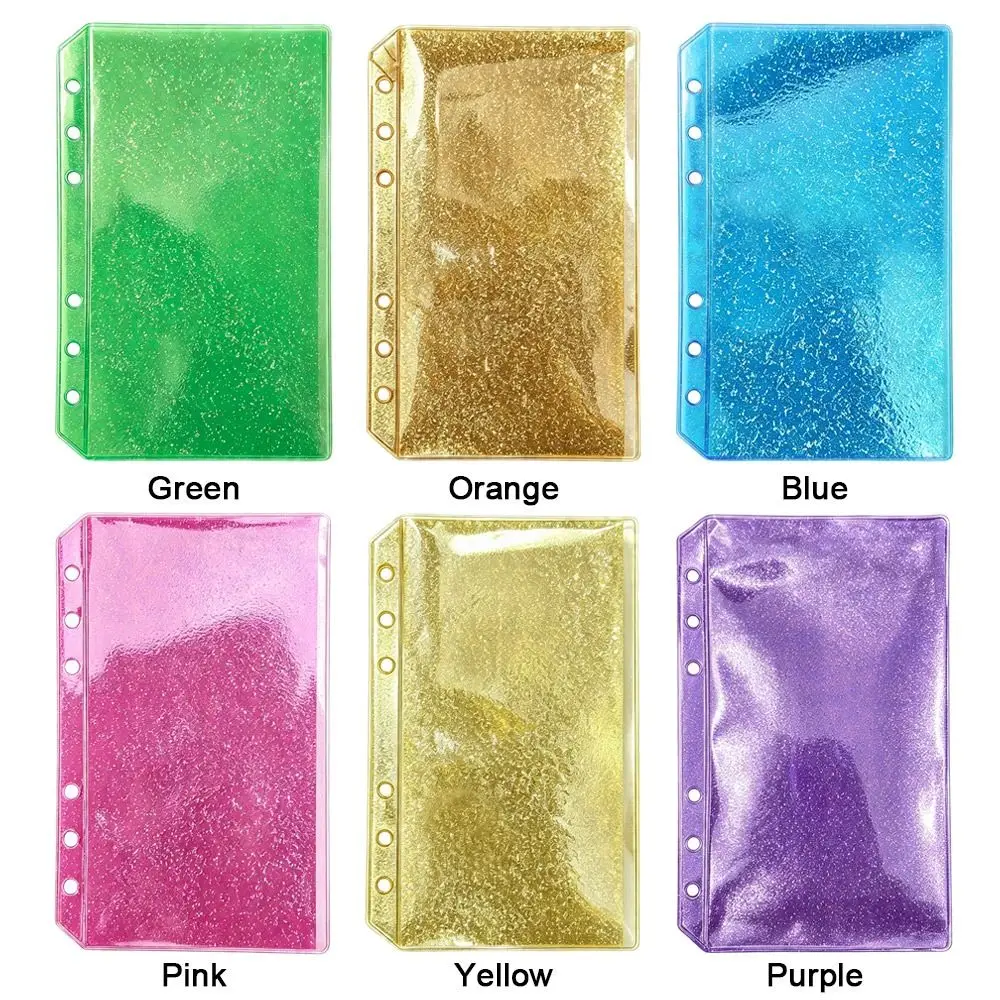 Flat Design PVC Binder Pockets A6 Colorful Glitter Document Filing Bag Waterproof 6-Hole Document Folders Journal Planner