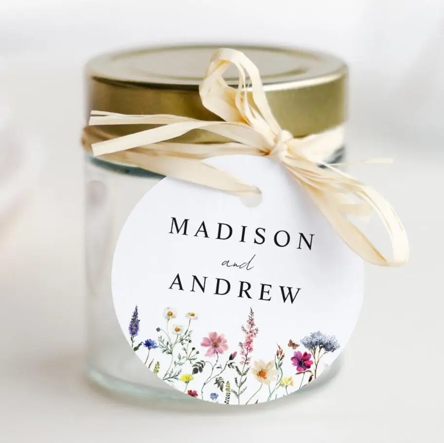 100pcs Personalized Wedding Tag, Round Name Tags Wedding, Custom Wedding Tag with Wildflower Floral Monogram Thank You