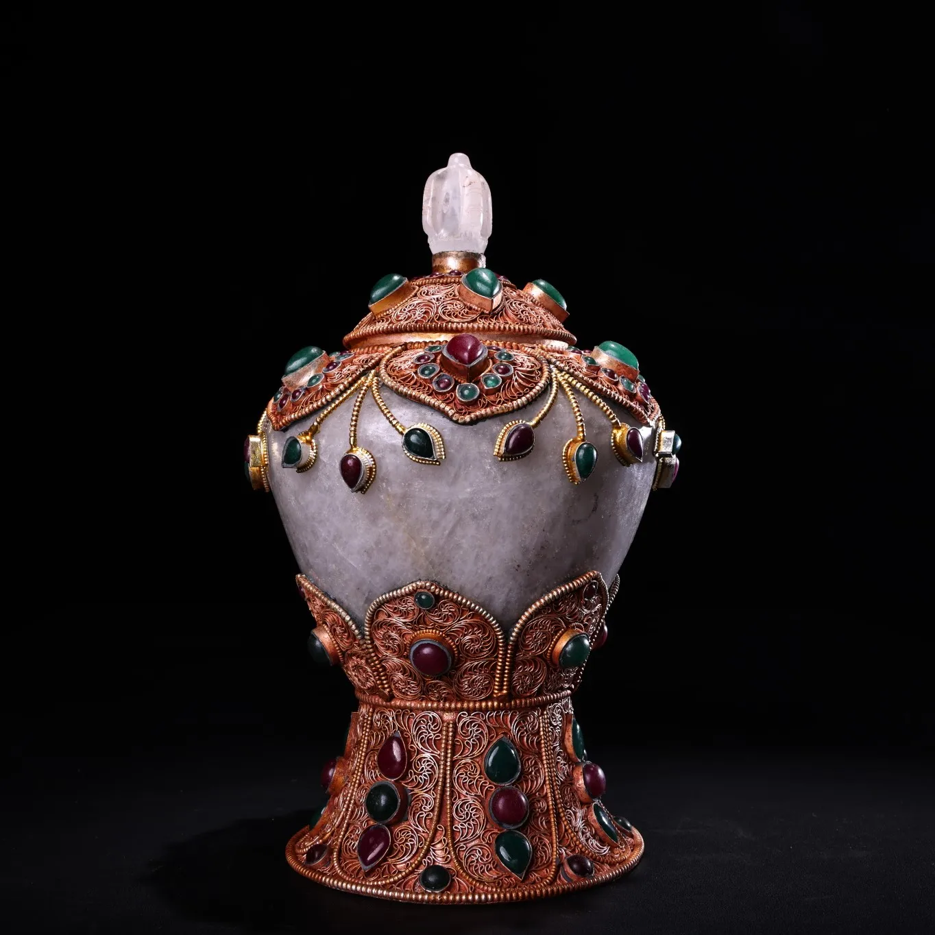 

8"Tibetan Temple Collection Old Natural Crystal Tibetan Silver Filigree Gilded Mosaic Gem Shard jar Relics worship hall Dharma