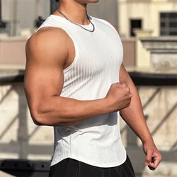 2024 new fitness men stripe gym Tank top men Fitness sleeveless shirt Male Elastic Sport vest men Undershirt Gyms train clothing