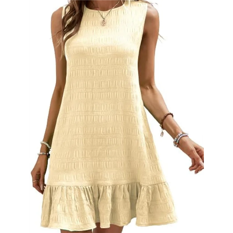 CGS-Women's Ruffle Hem Sleeveless Tank Dress Round Neck Casual Smock Summer Mini Dresses